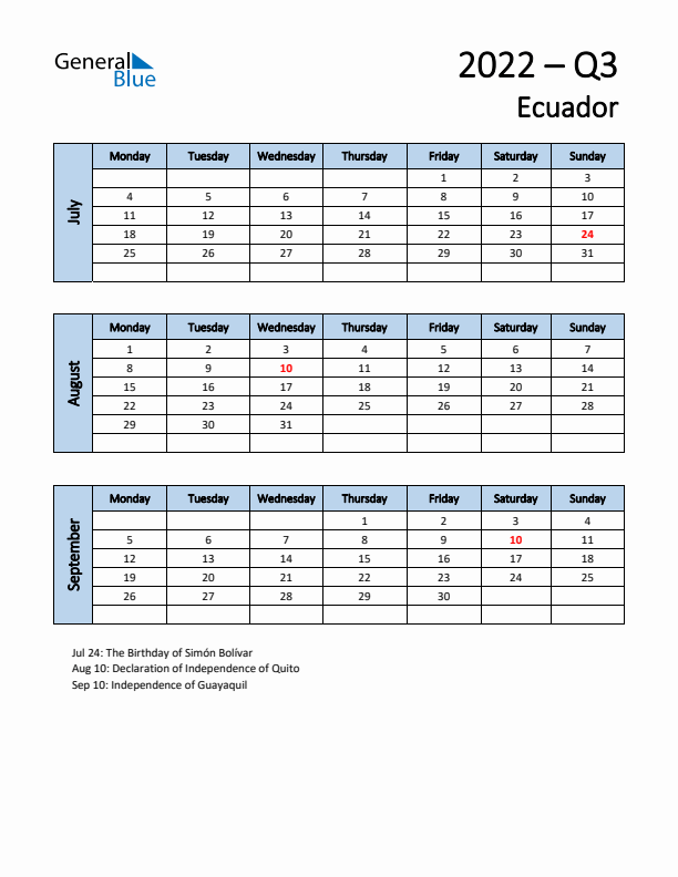 Free Q3 2022 Calendar for Ecuador - Monday Start