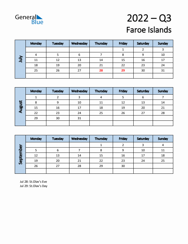 Free Q3 2022 Calendar for Faroe Islands - Monday Start