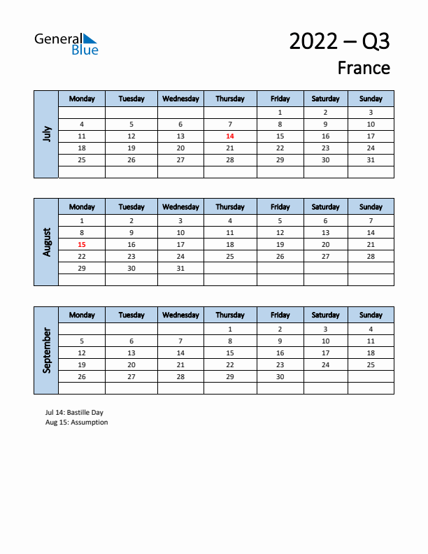 Free Q3 2022 Calendar for France - Monday Start