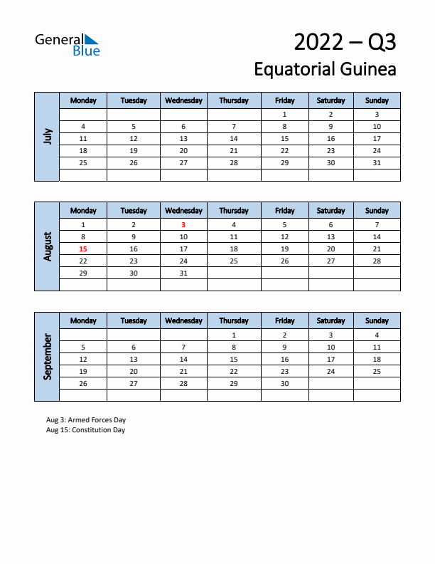 Free Q3 2022 Calendar for Equatorial Guinea - Monday Start