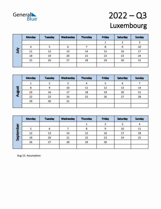 Free Q3 2022 Calendar for Luxembourg - Monday Start
