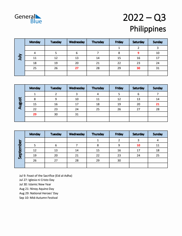 Free Q3 2022 Calendar for Philippines - Monday Start