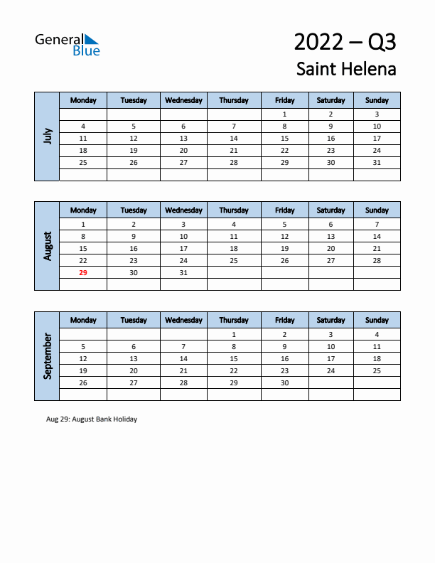 Free Q3 2022 Calendar for Saint Helena - Monday Start