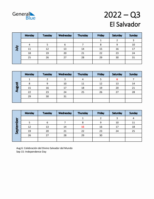 Free Q3 2022 Calendar for El Salvador - Monday Start