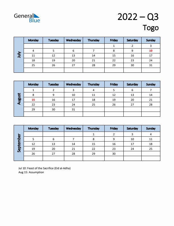 Free Q3 2022 Calendar for Togo - Monday Start