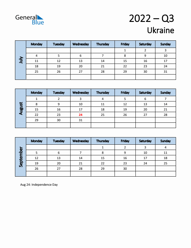 Free Q3 2022 Calendar for Ukraine - Monday Start