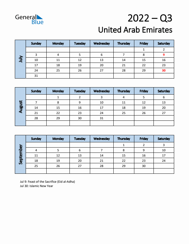 Free Q3 2022 Calendar for United Arab Emirates - Sunday Start