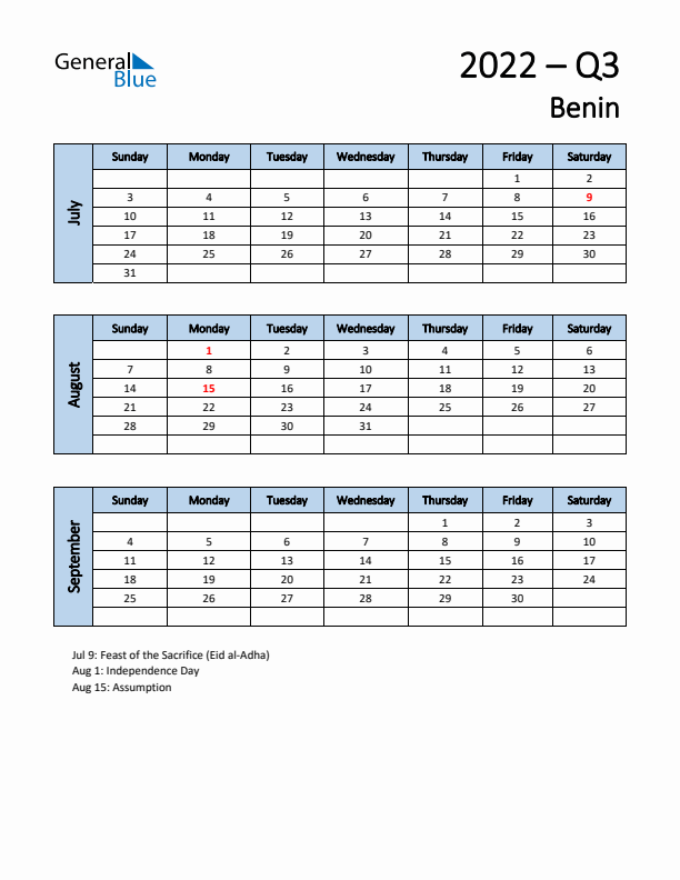 Free Q3 2022 Calendar for Benin - Sunday Start