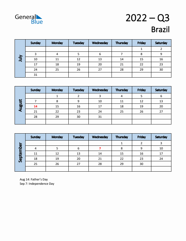 Free Q3 2022 Calendar for Brazil - Sunday Start