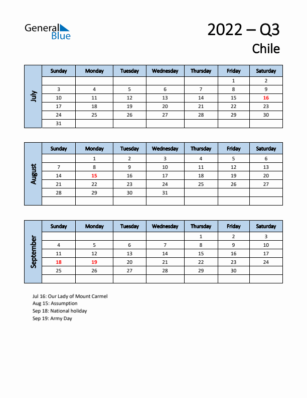 Free Q3 2022 Calendar for Chile - Sunday Start