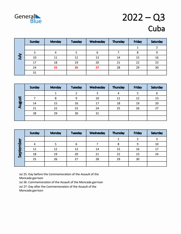 Free Q3 2022 Calendar for Cuba - Sunday Start