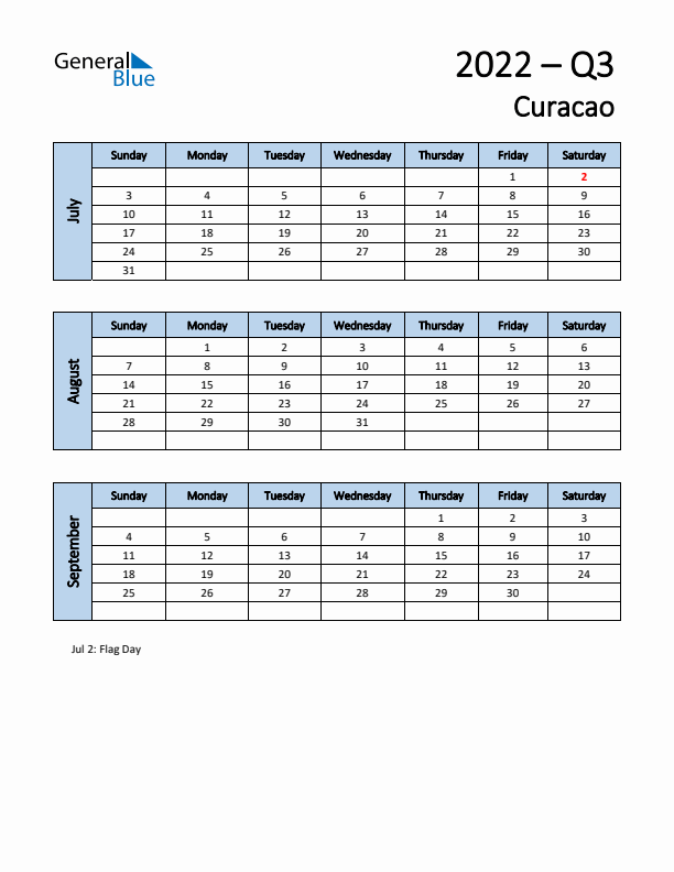 Free Q3 2022 Calendar for Curacao - Sunday Start