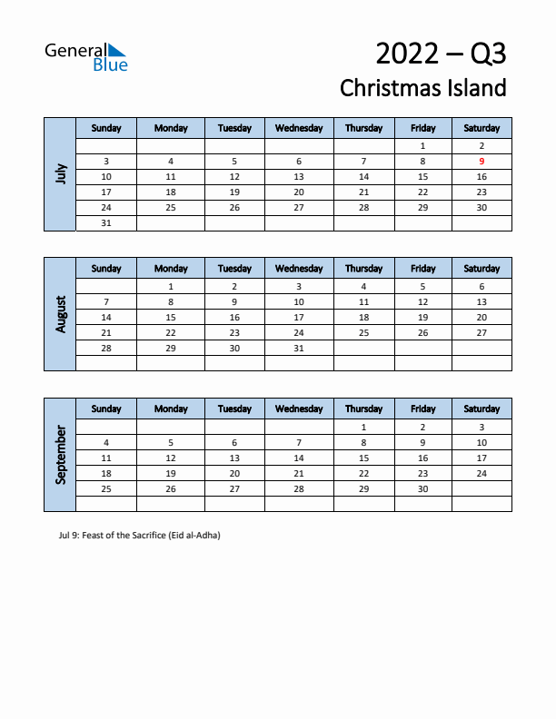 Free Q3 2022 Calendar for Christmas Island - Sunday Start