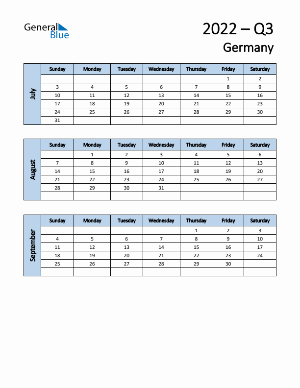 Free Q3 2022 Calendar for Germany - Sunday Start