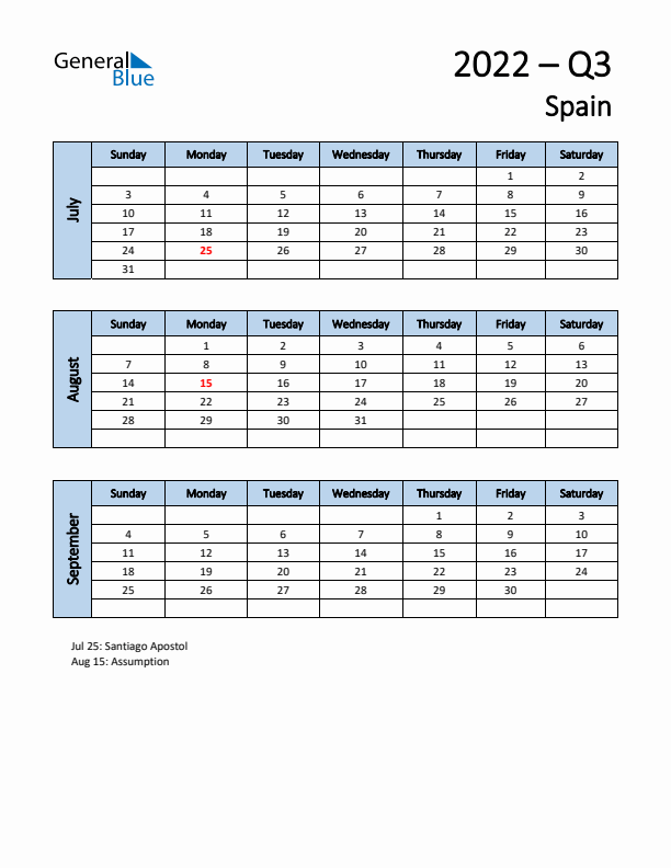 Free Q3 2022 Calendar for Spain - Sunday Start