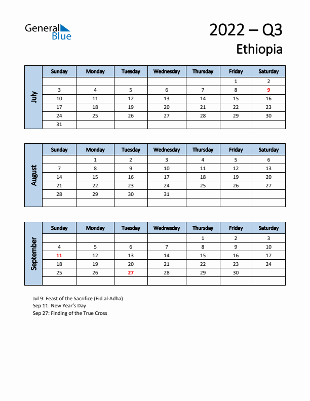 Free Q3 2022 Calendar for Ethiopia - Sunday Start