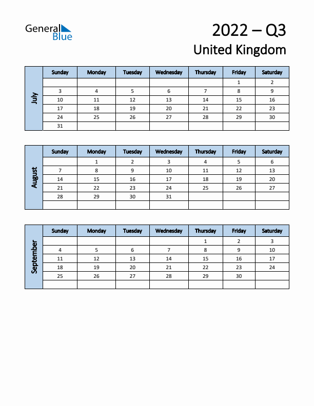 Free Q3 2022 Calendar for United Kingdom - Sunday Start