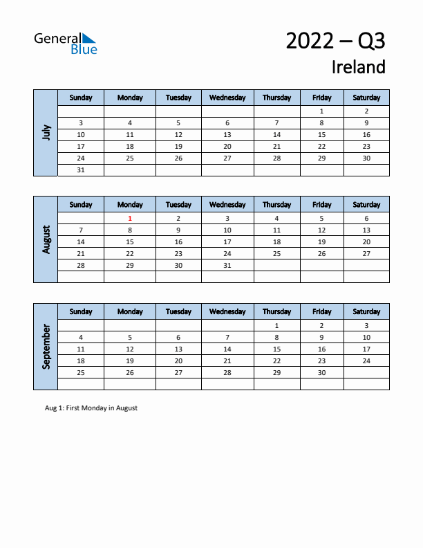 Free Q3 2022 Calendar for Ireland - Sunday Start