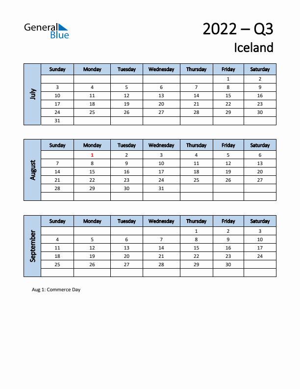 Free Q3 2022 Calendar for Iceland - Sunday Start