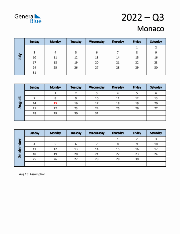Free Q3 2022 Calendar for Monaco - Sunday Start