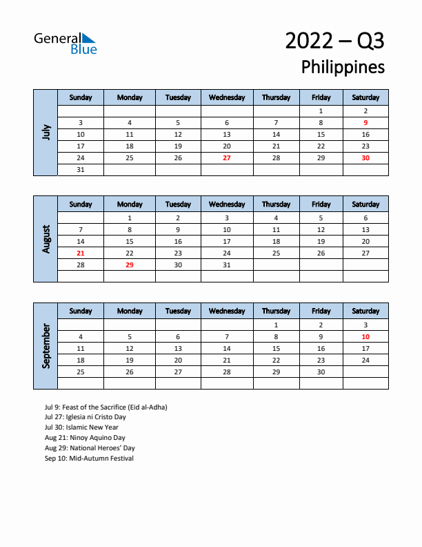 Free Q3 2022 Calendar for Philippines - Sunday Start
