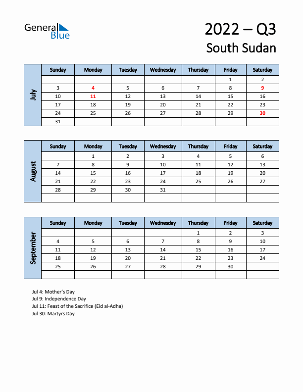 Free Q3 2022 Calendar for South Sudan - Sunday Start