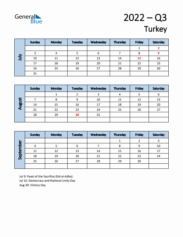 Free Q3 2022 Calendar for Turkey - Sunday Start