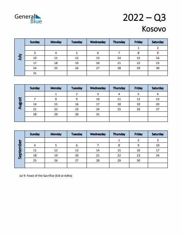 Free Q3 2022 Calendar for Kosovo - Sunday Start