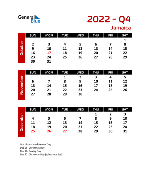 Jamaica Calendars with Holidays