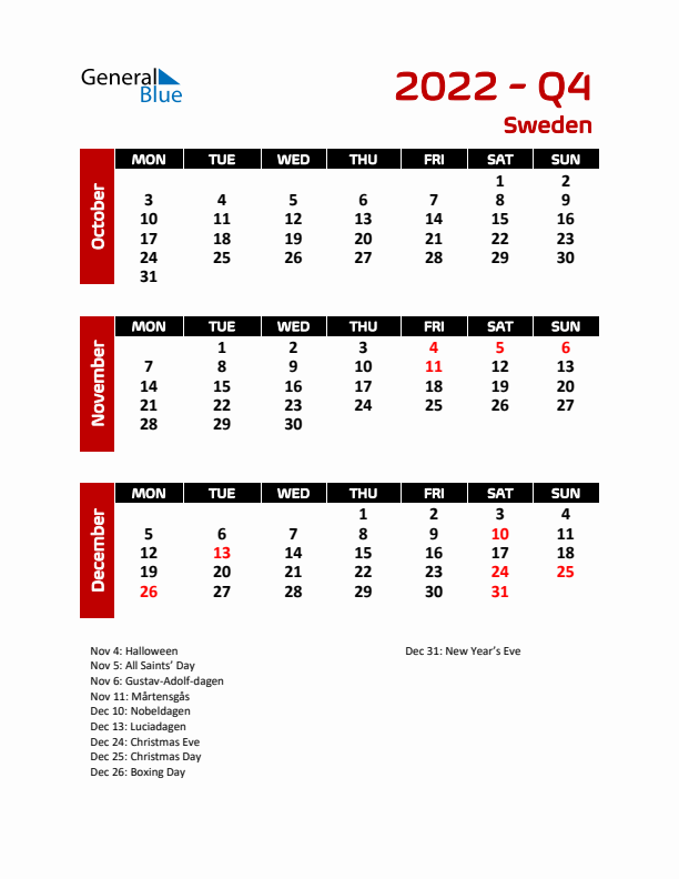 Q4 2022 Calendar with Holidays