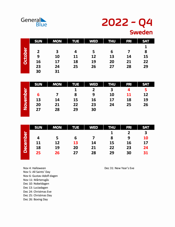 Q4 2022 Quarterly Calendar With Sweden Holidays Pdf Excel Word 6813