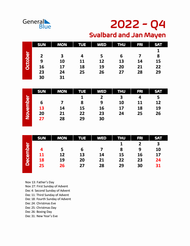 Q4 2022 Calendar with Holidays