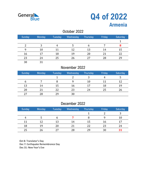  Armenia 2022 Quarterly Calendar 