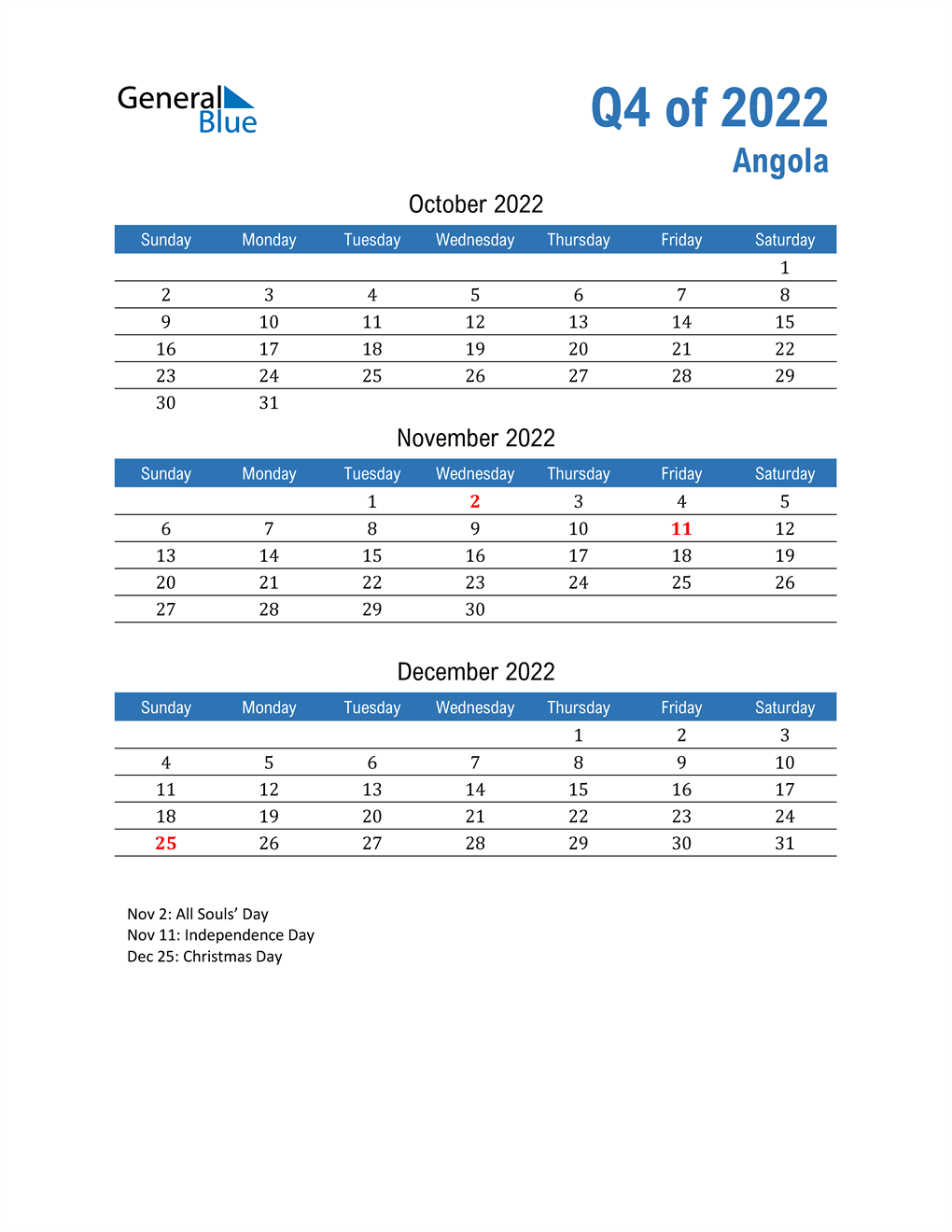  Angola 2022 Quarterly Calendar 
