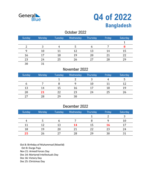  Bangladesh 2022 Quarterly Calendar 
