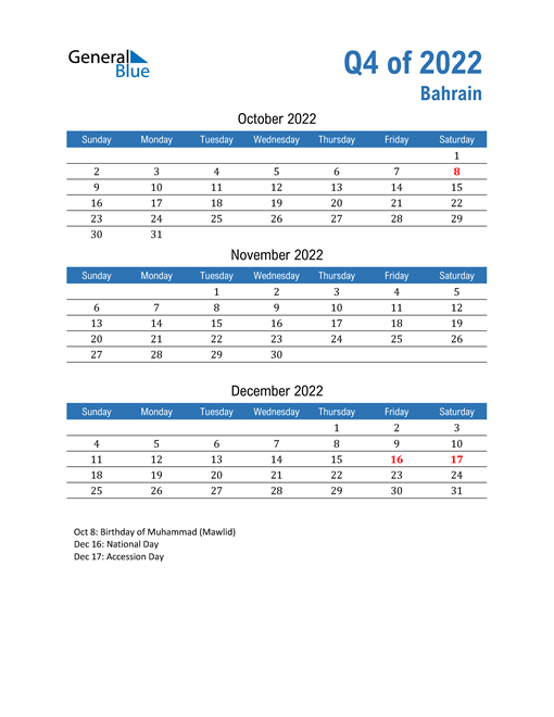  Bahrain 2022 Quarterly Calendar 