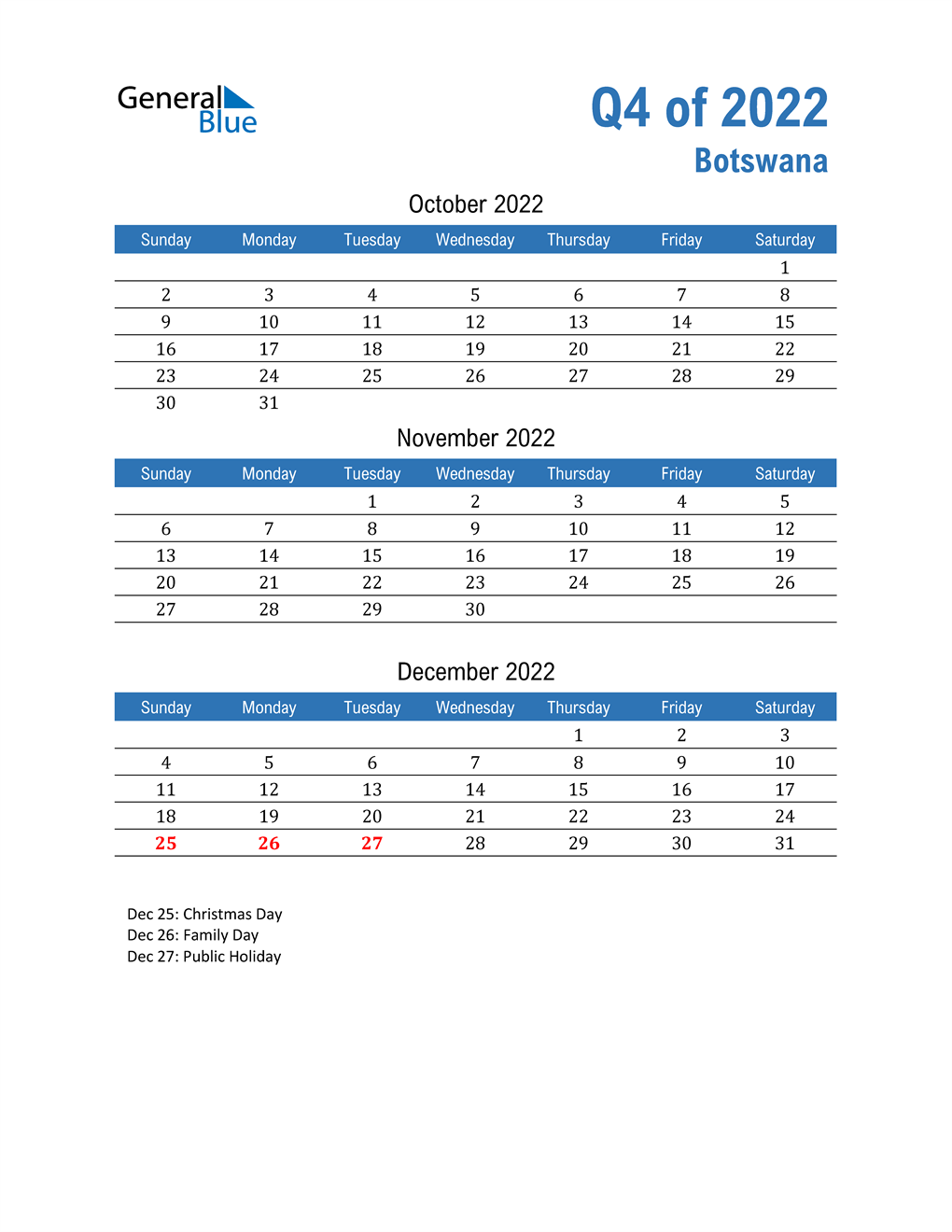  Botswana 2022 Quarterly Calendar 