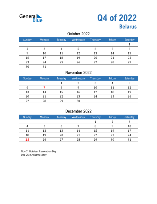  Belarus 2022 Quarterly Calendar 