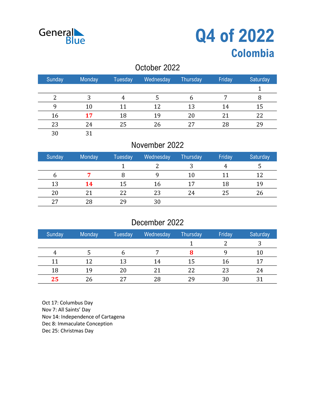  Colombia 2022 Quarterly Calendar 