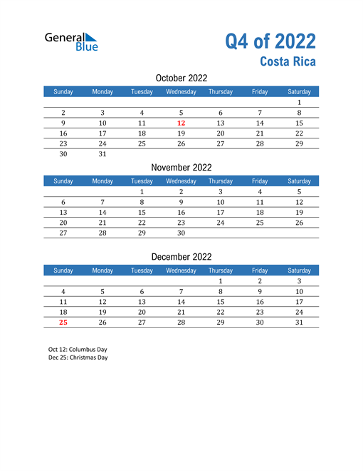  Costa Rica 2022 Quarterly Calendar 
