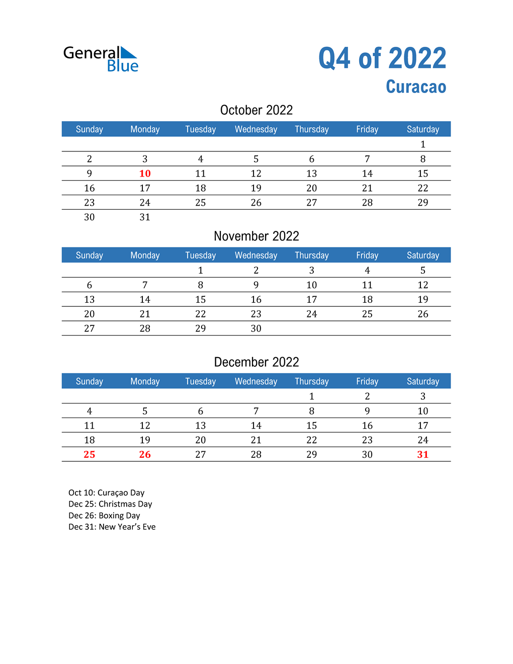  Curacao 2022 Quarterly Calendar 