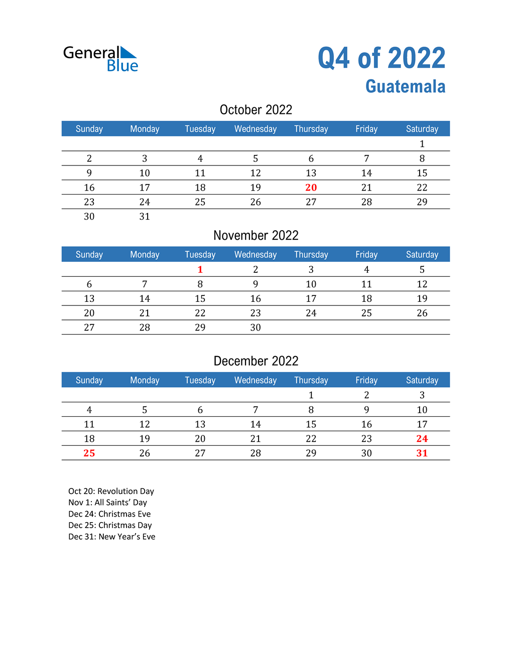  Guatemala 2022 Quarterly Calendar 