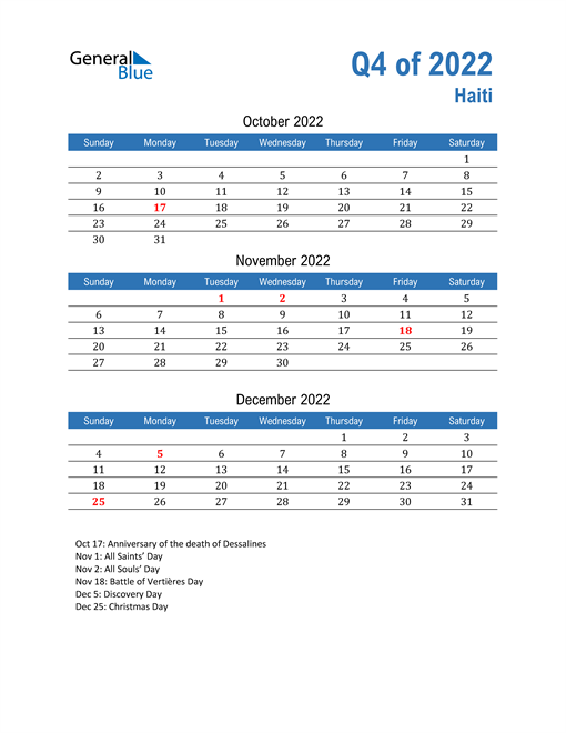  Haiti 2022 Quarterly Calendar 