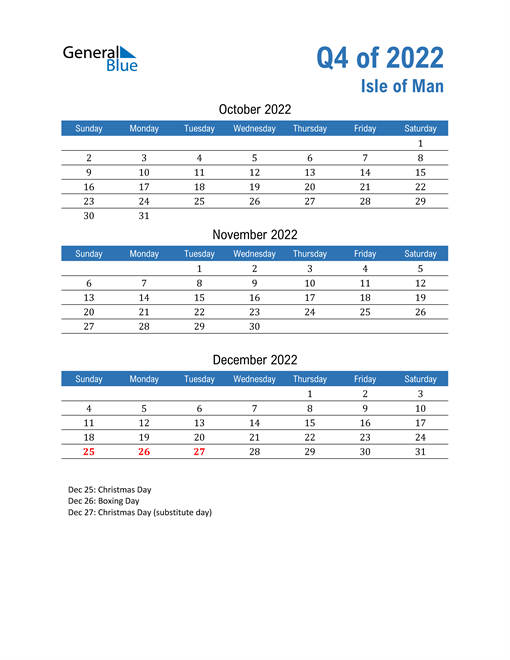  Isle of Man 2022 Quarterly Calendar 