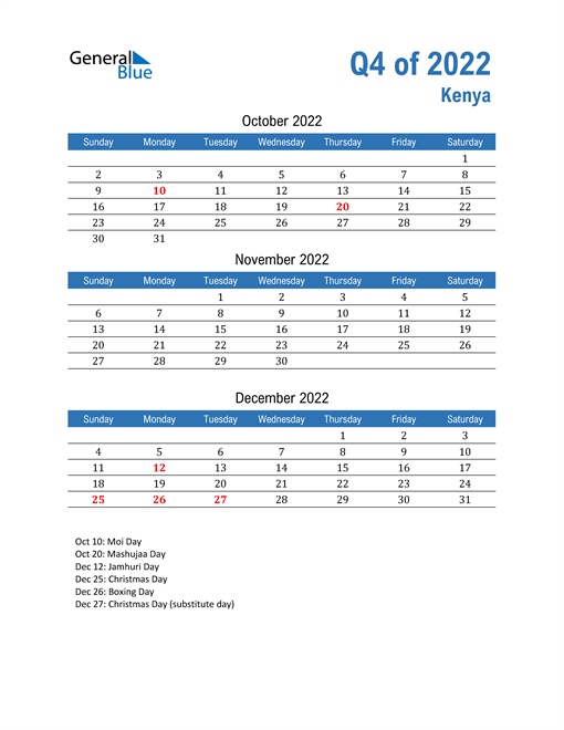  Kenya 2022 Quarterly Calendar 