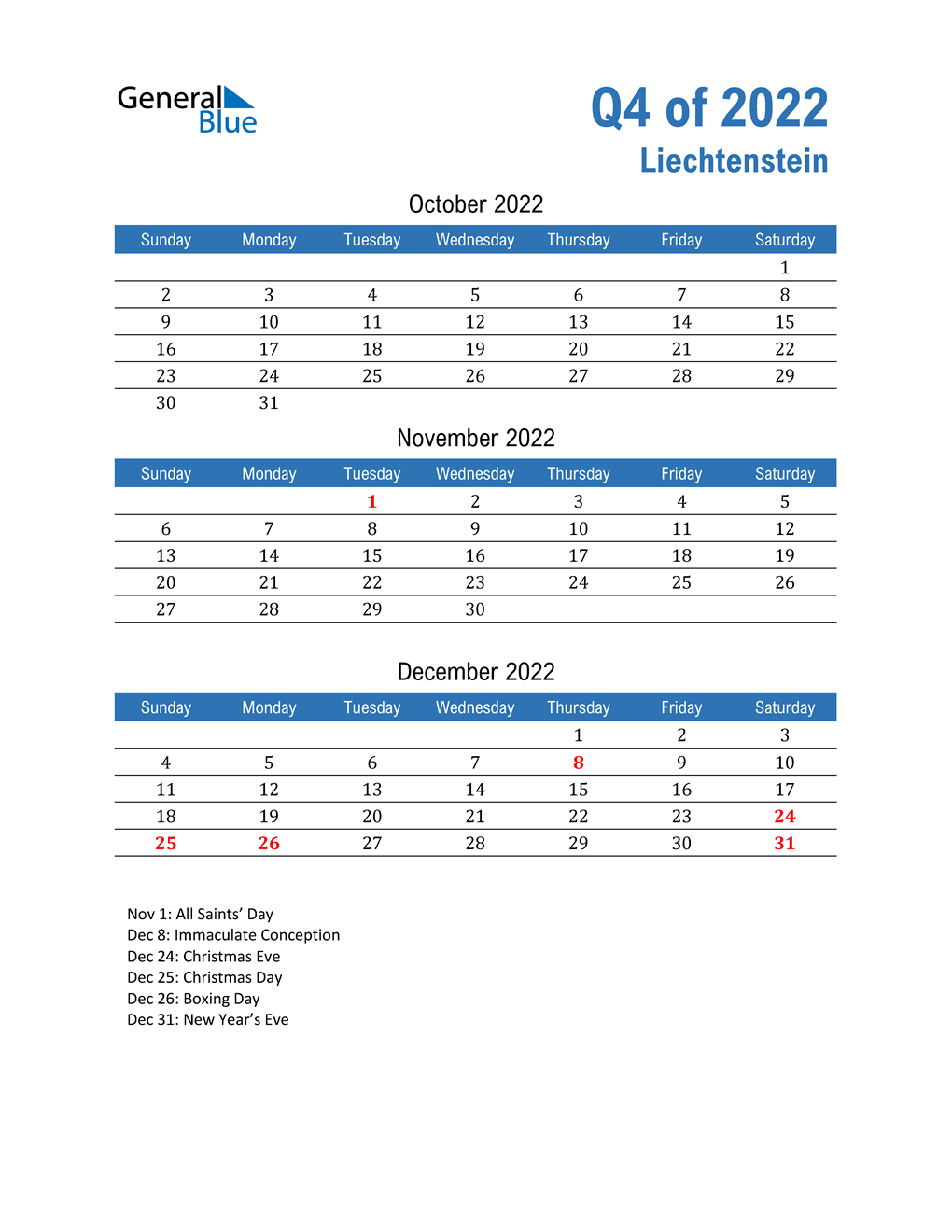 Liechtenstein 2022 Quarterly Calendar 