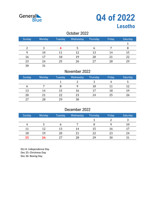  Lesotho 2022 Quarterly Calendar 