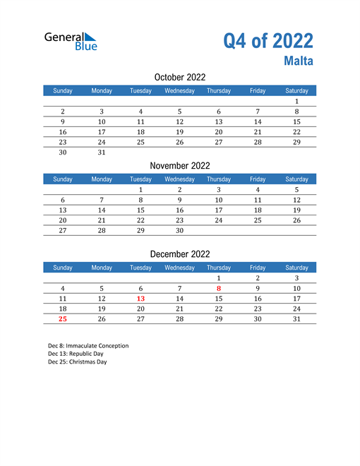  Malta 2022 Quarterly Calendar 