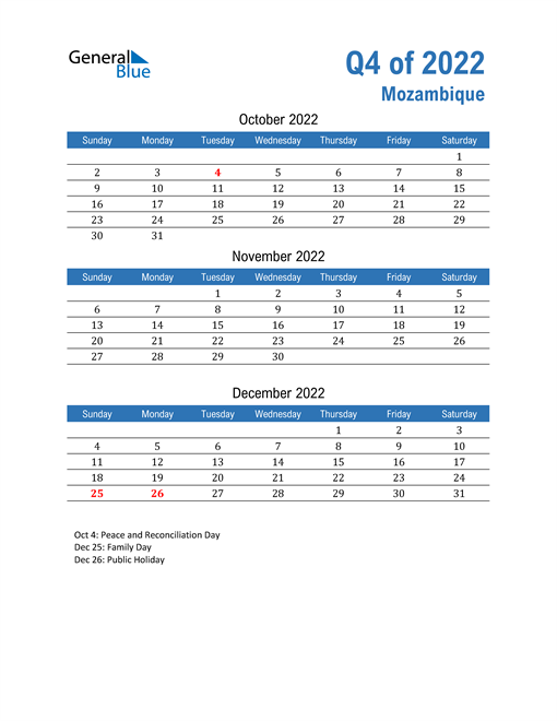  Mozambique 2022 Quarterly Calendar 