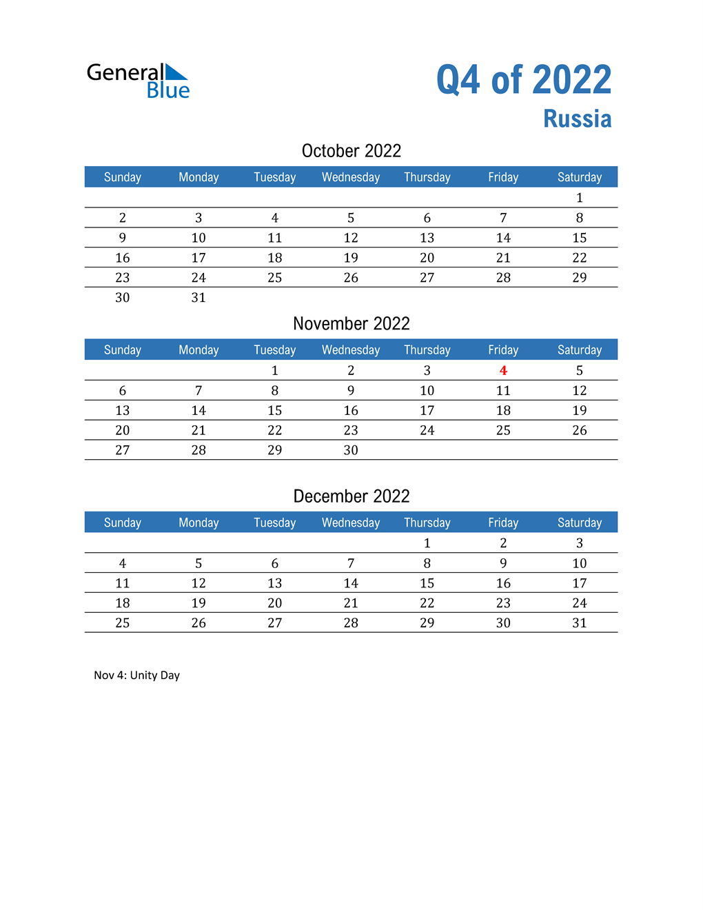  Russia 2022 Quarterly Calendar 